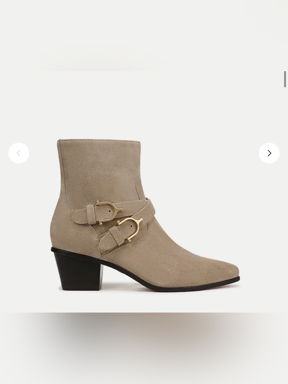 Veronica Beard Taupe Suede Ankle Boot with Gold Buckles